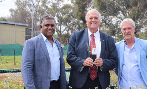 NLE Chairperson Oral McGuire standing next to WA Governor Kim Beasley and NLE CEO Alan Beattie at a tree nursery